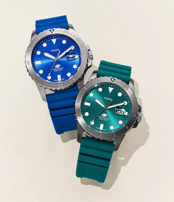 Fossil Blue Dive Three-Hand Date Oasis Silicone Watch For Sale