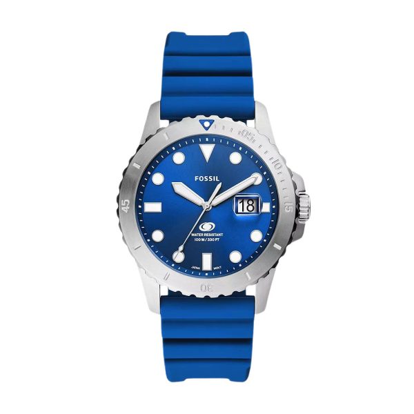 Fossil Blue Dive Three-Hand Date Blue Silicone Watch on Sale