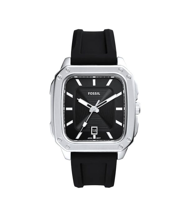 Fossil Inscription Three-Hand Date Black Silicone Watch For Sale