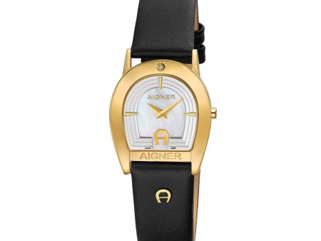 Aigner Varese Women s White Mother of Pearl Dial Golden Case Black Brown Leather Strap Watch on Sale