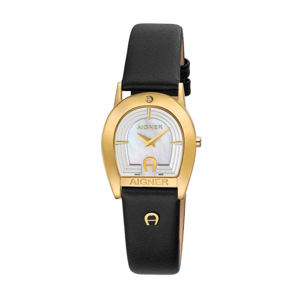 Aigner Varese Women s White Mother of Pearl Dial Golden Case Black Brown Leather Strap Watch on Sale