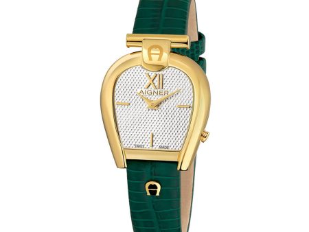 Aigner Sassari Women s Golden Case with White Dial And Green Leather Strap Watch Hot on Sale