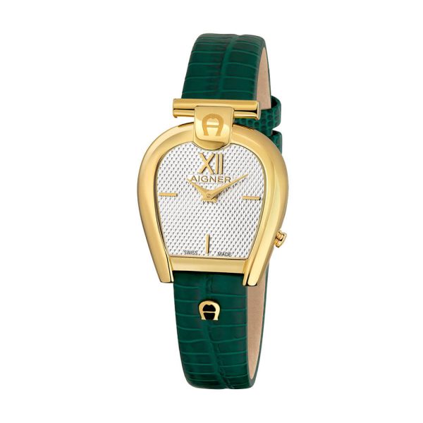 Aigner Sassari Women s Golden Case with White Dial And Green Leather Strap Watch Hot on Sale