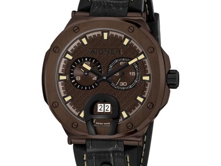 Aigner Taviano Men s Brown Dia & Case Black Croco Leather Starp Watch For Sale