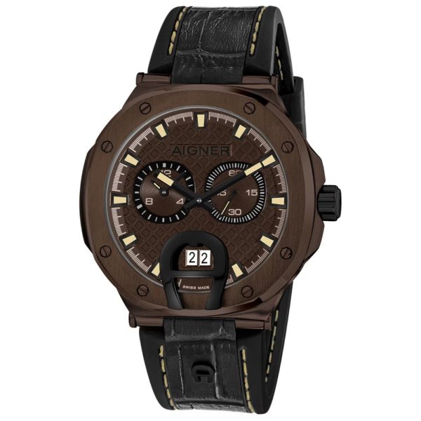 Aigner Taviano Men s Brown Dia & Case Black Croco Leather Starp Watch For Sale